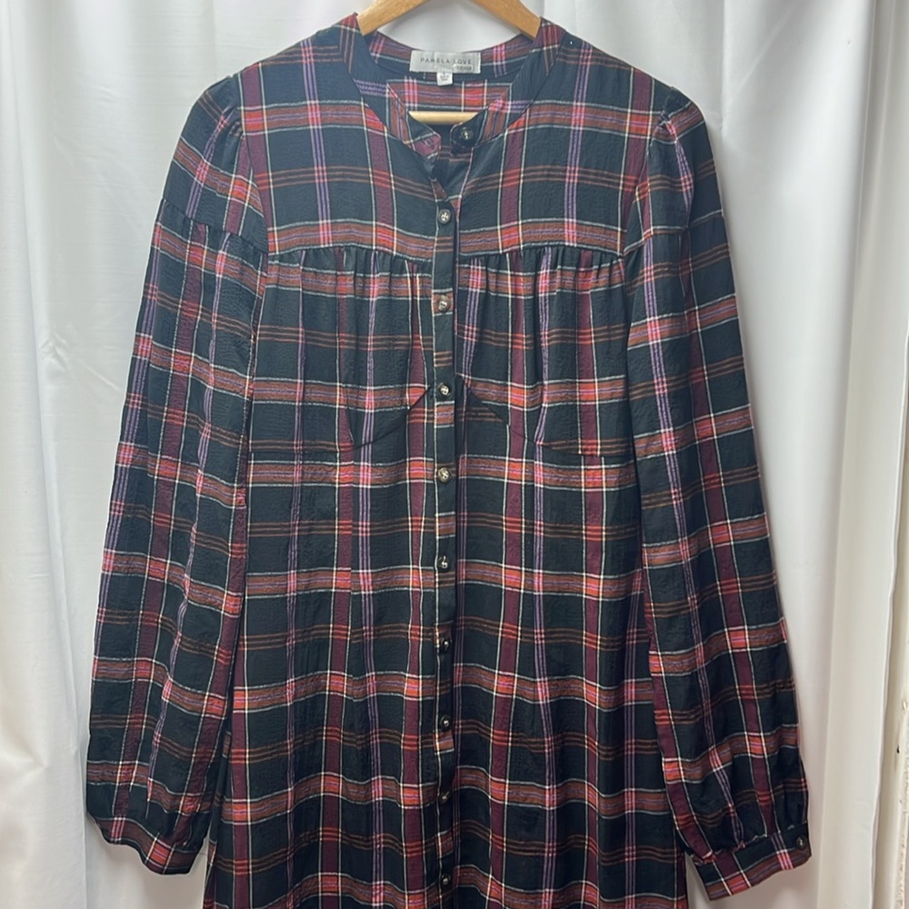 Pamela Love x RTR Maroon Purple Plaid Button Front Midi Shirtdress- L - Picture 3 of 5